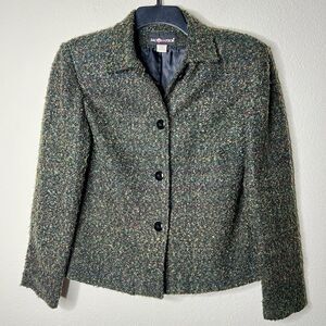 VTG Sag Harbor Green Tweed Blazer Jacket Sz 10 Lined Four Buttons Shoulder Pads